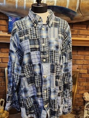 Orvis Madras 100% Cotton Blue Plaid Patchwork Button-Down Shirt Size XXL Preppy